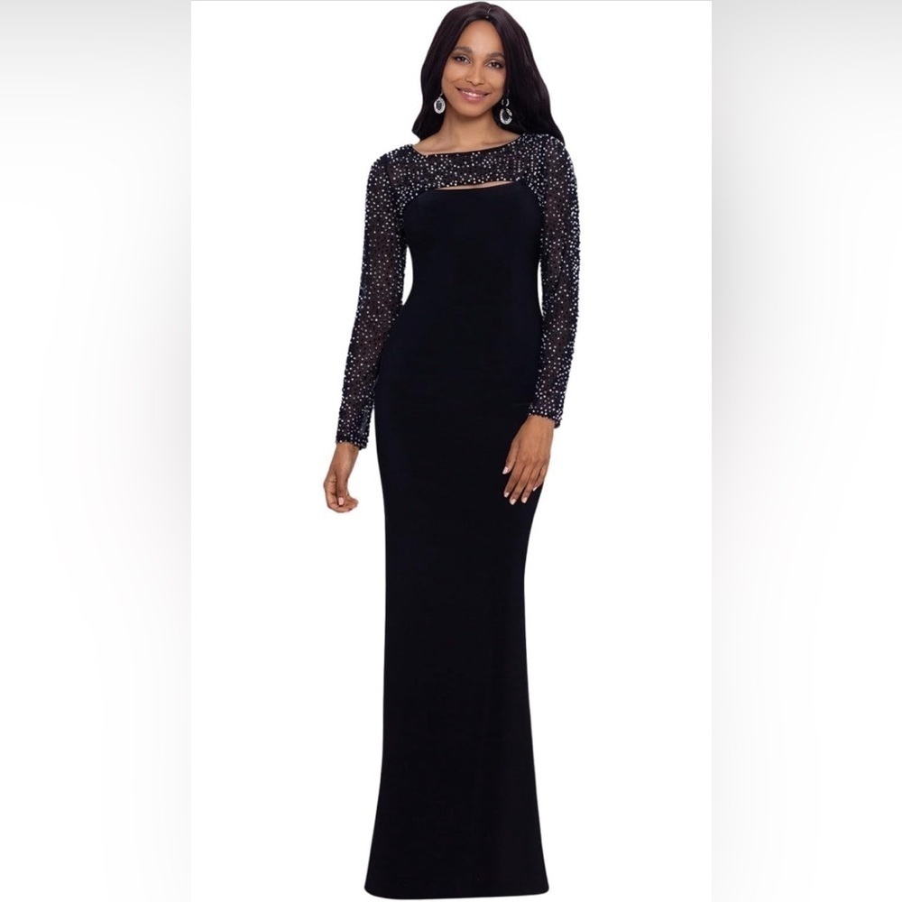Betsy & Adam womens Long Stretchy Illusion Shrug Beaded Sleeve Sheath Dress NWT